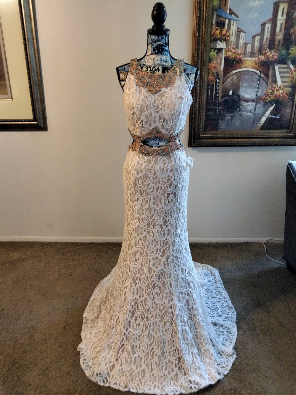 Ivory Lace Mermaid Gown with Beaded Waist